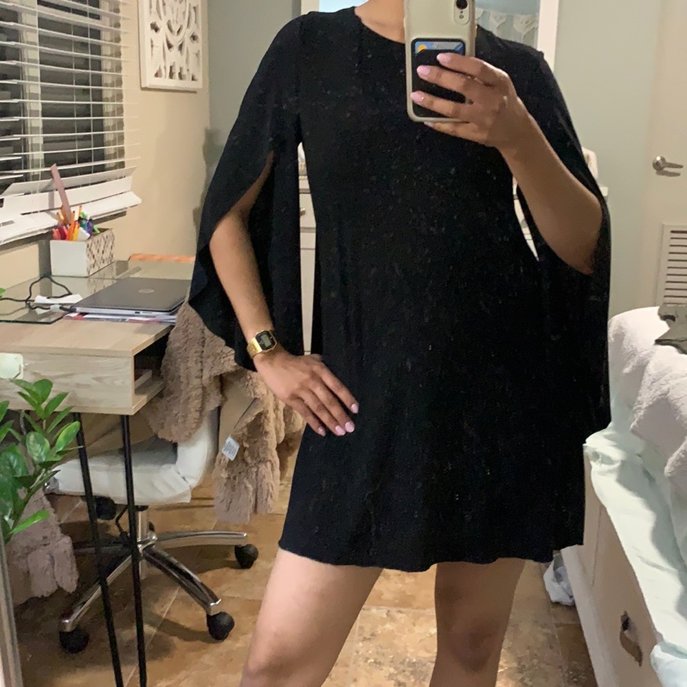 Clock sleeve black mini dress